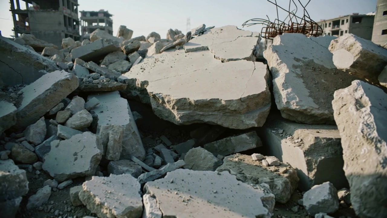 Moving low-angle camera showing rubble pile at ruined block, exposing bent rebar and showing scale