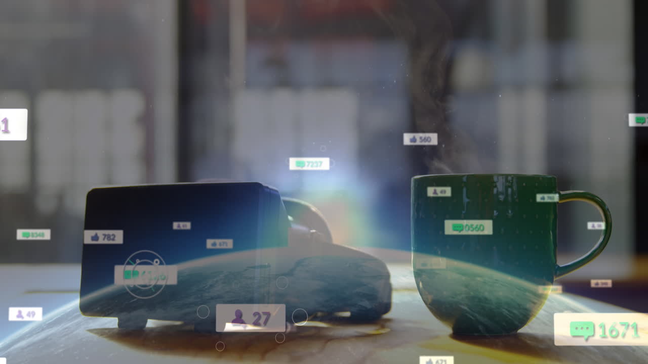 vr 헤드 ⁇ 과 커피 컵 위의 소셜 미디어 아이콘의 애니메이션