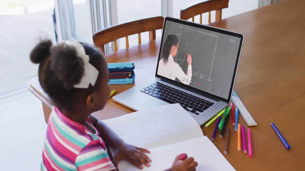 African american girl doing homework while having a video call on laptop at home