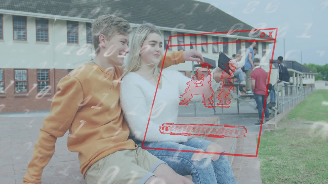 셀피를 찍는 백인 친구들에 대한 문자 및 데이터 처리의 애니메이션