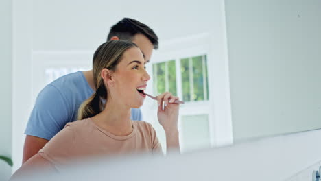 man, woman and hug for brushing teeth