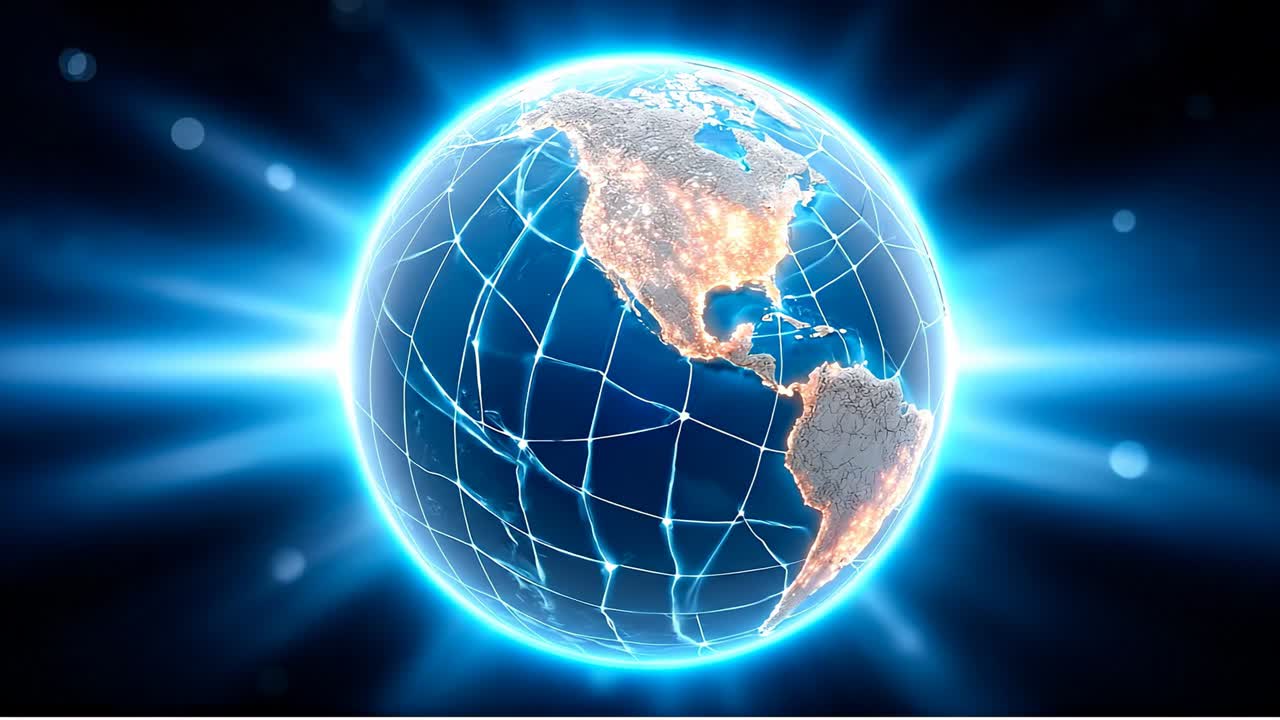 Globo terrestre luminoso e interconnesso. Un globo mostra la Terra con luci e linee di rete. Le Americhe sono visibili, mostrando una vista digitale del pianeta