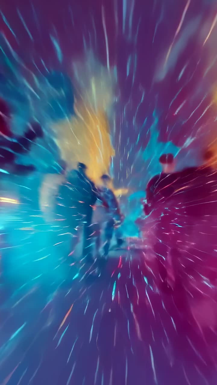 Vertical video: Emerging from neon haze trooper squad advancing down corridor, featuring LED armor