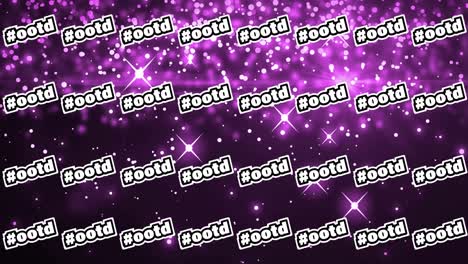 animación del texto ootd de hashtag en blanco repetido sobre bokeh luces blancas y destello de la lente en púrpura
