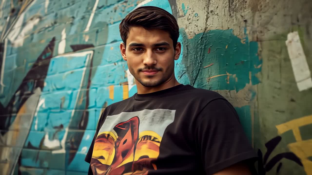 Leaning man smiling, camera zooming at graffiti wall, posing in black graphic tee and blue jeans