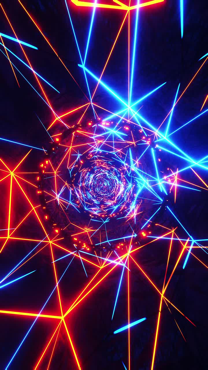 volando a través de un túnel de neón con anillos. video en bucle vertical