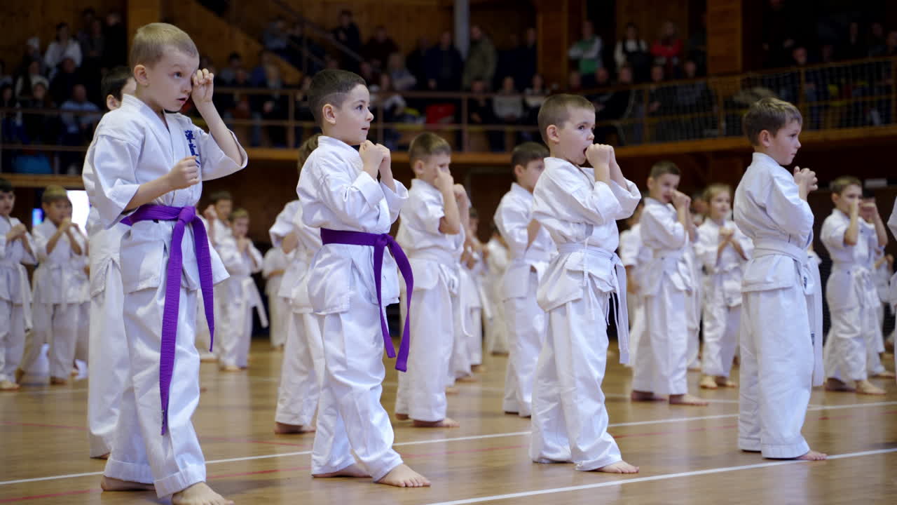 Practicing kicks at karate training in a big gym. Large group of kids in kimono make moves with legs standing in rows.
