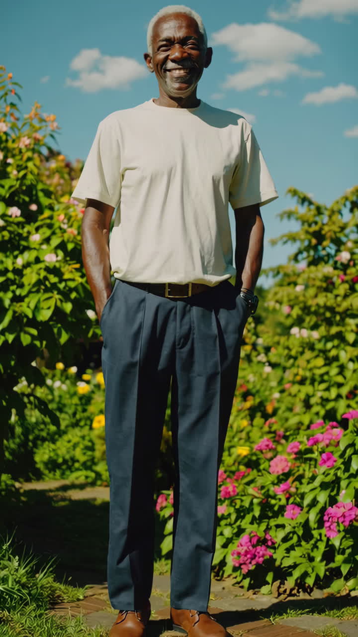 Uomo anziano sorridente in un giardino