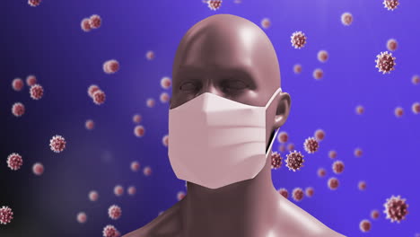 animación de células macro covid-19 flotando alrededor de un rostro humano en 3d sobre un fondo azul.