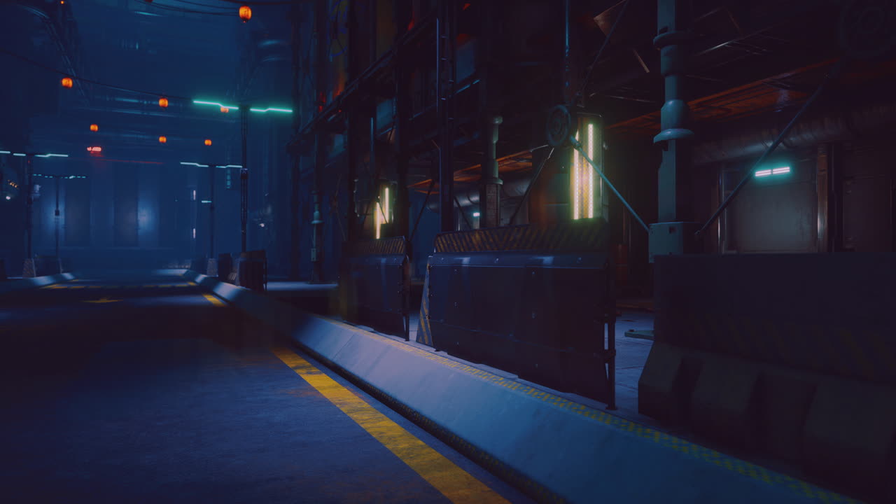 Exploring a dimly lit futuristic industrial corridor at nighttime