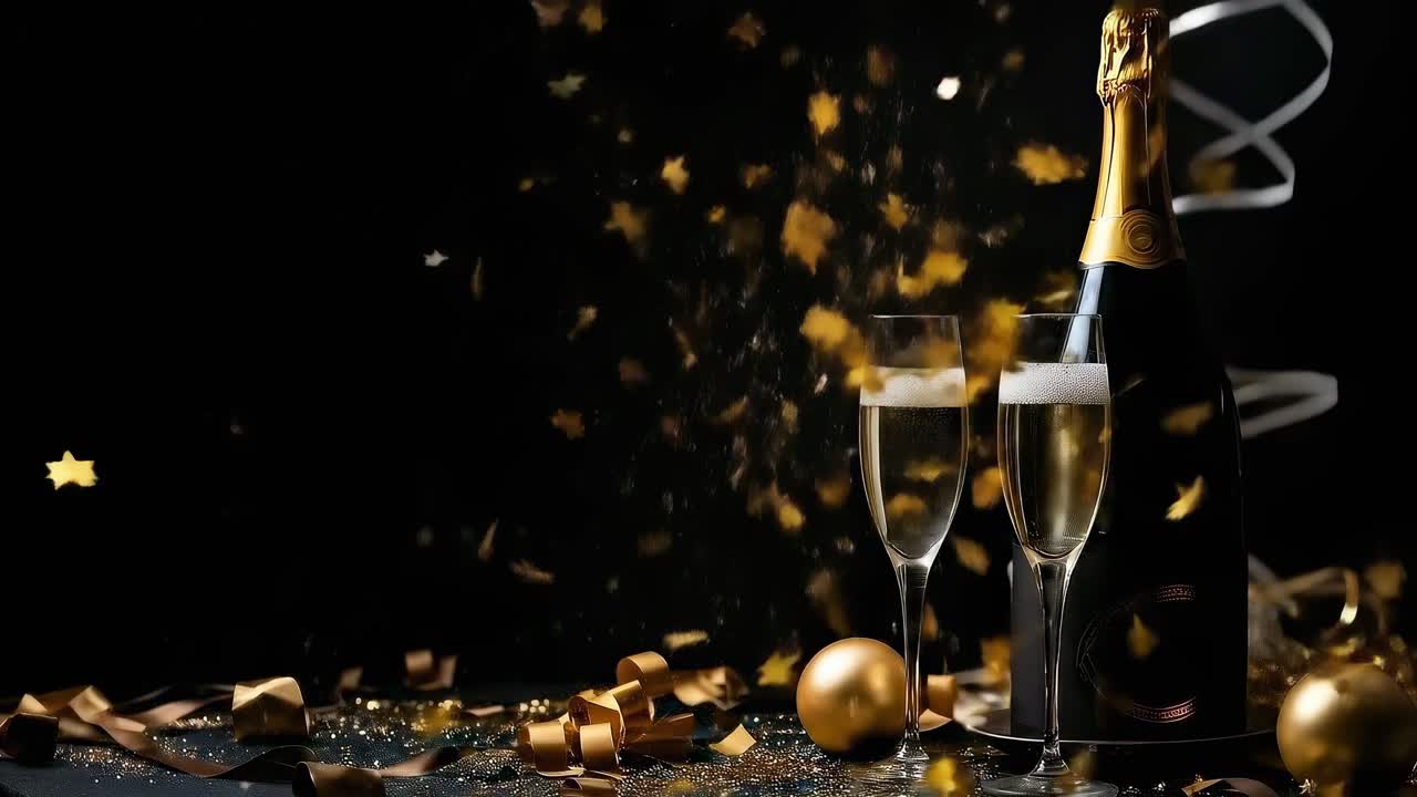 Scena video festiva con bicchieri e bottiglia di champagne, ripresa da un'angolazione laterale