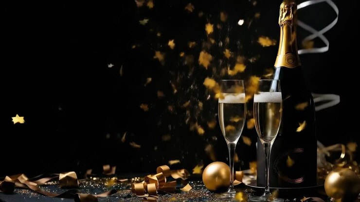 Scena video festiva con bicchieri e bottiglia di champagne, ripresa da un'angolazione laterale