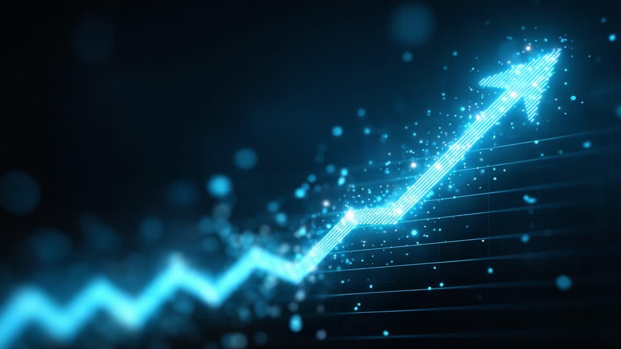 A Dynamic Visualization of Upward Trends: Exploring Data Growth through a Radiant Arrow and Digital Particles in a Stark Dark Background