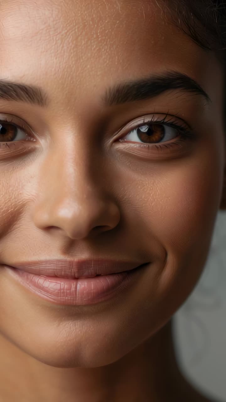 Vertical video: Posing woman facing camera as camera capturing portrait in studio with catchlight