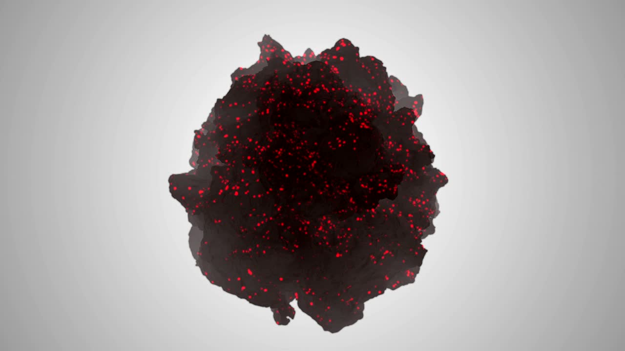 Sfera aliena che si trasforma in una struttura frattale rossa luminosa. Animazione video 4k renderizzata in loop continuo.