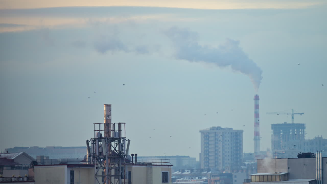 City rooftops on a cold winter day with multiple chimneys releasing white smoke into a pale sky