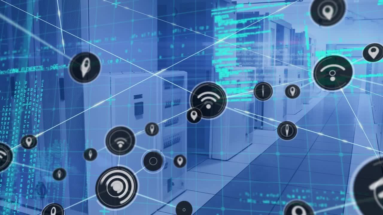 Animation of network of connections with icons over servers