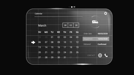 animación de la interfaz digital con calendario y procesamiento de datos sobre fondo negro