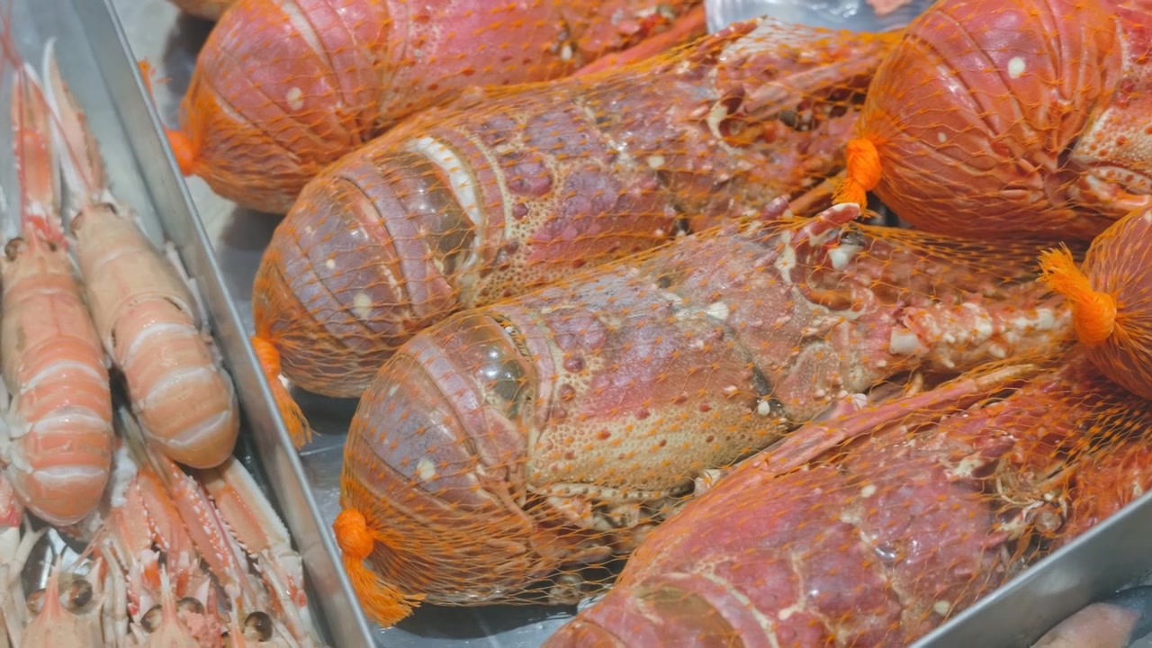 Close-up of fresh langoustines at a seafood market, Cote d'Azur, France