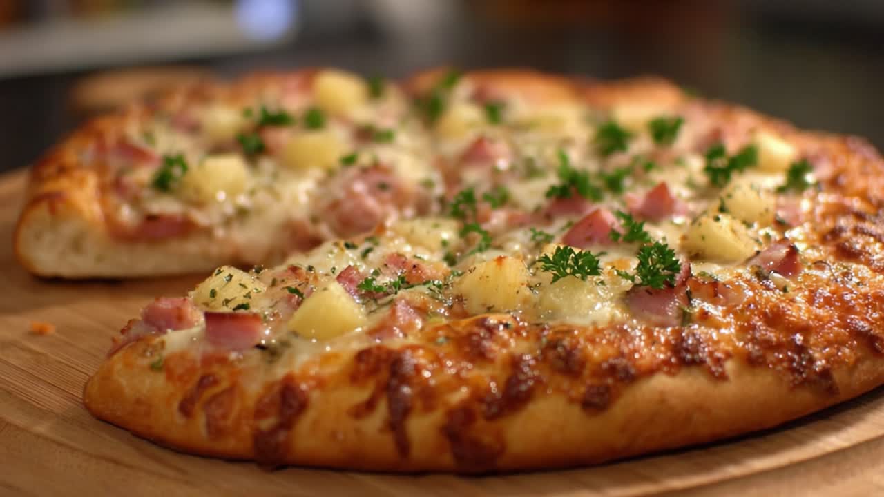 Pizza deliziosamente cotta al forno con prosciutto, ananas e formaggio fuso, guarnita con prezzemolo fresco su un piatto di legno