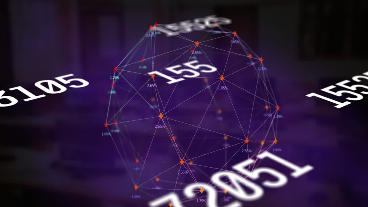 Numeri che cambiano e globo di rete di connessioni in rotazione su un ufficio vuoto