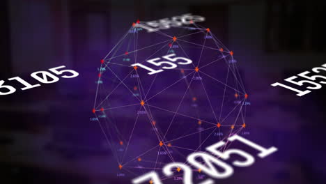 Changing numbers and globe of network of connections spinning against empty office