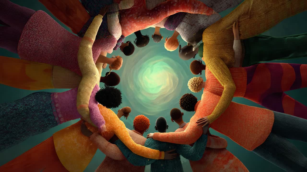 A Circular Gathering of Diverse Figures United in a Colorful Harmony, Embracing Togetherness and Community, Radiating Positive Energy towards a Bright Core of Light and Unity