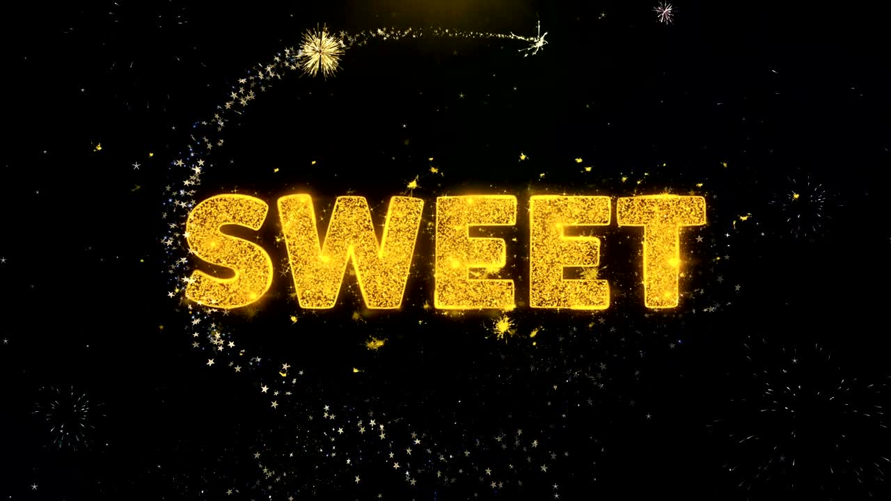 금 입자 불꽃놀이 디스플레이에 달한 텍스트.