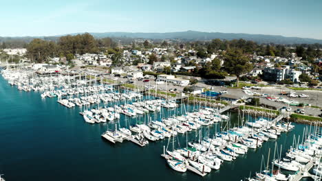 Drone-view-of-harbor-in-Santa-Cruz,-California