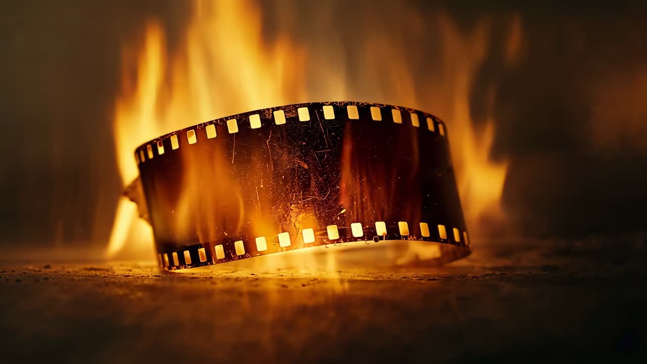 Flickering flame igniting film strip, causing curling, charring in dark room with open flames