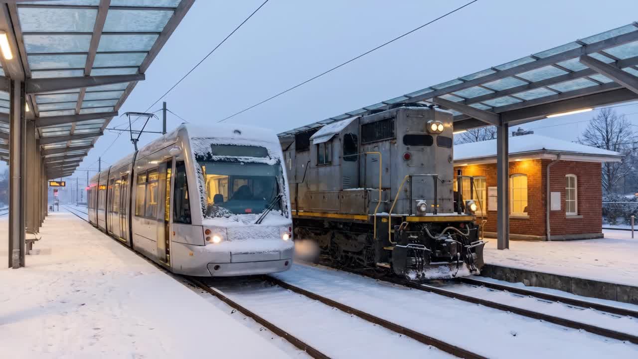 Tramvia moderna e vecchia locomotiva in una stazione invernale innevata