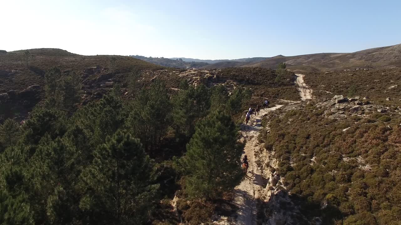 Aventureros en las Montañas con Caballos, Vista Aérea