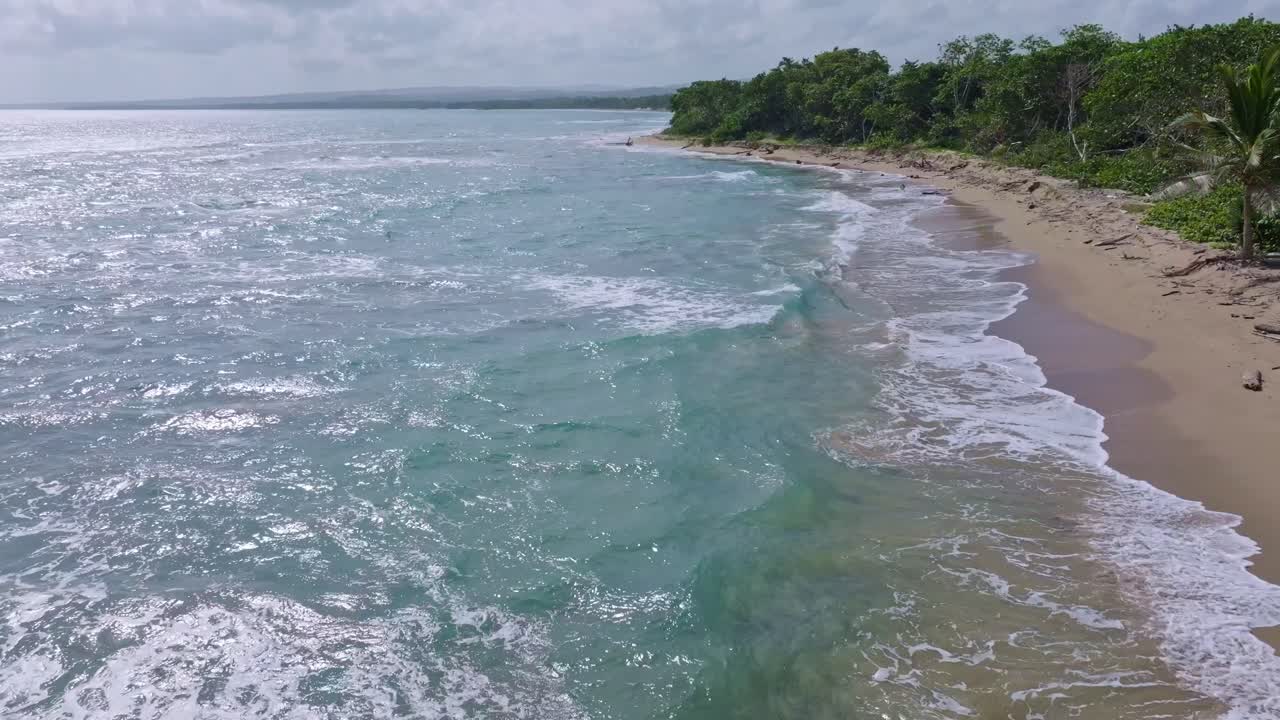 Madera flotante esparcida en la Playa Bergantín con olas que acarician suavemente la orilla, República Dominicana.