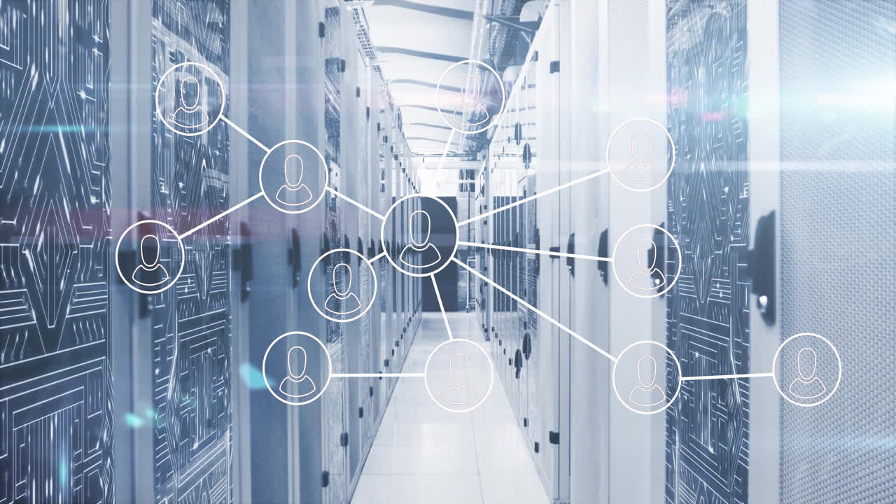 Network of connections and data processing animation over server room