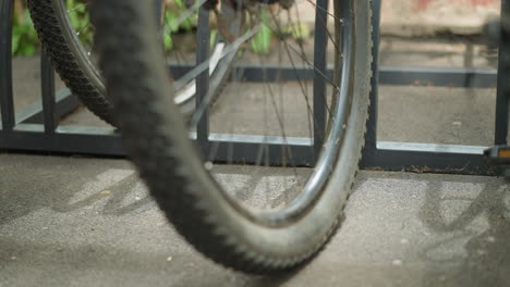 close-up of bicycle wheel parked securely in metal bike rack, emphasizing spokes and frame, with blurred details of surrounding bicycles and greenery in background