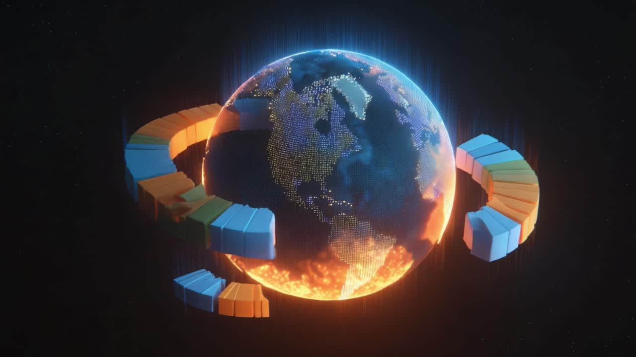 Digital representation of a glowing planet Earth, rendered in a voxel art style, with a colorful, segmented ring of data blocks orbiting around it, symbolizing global networks and information flow