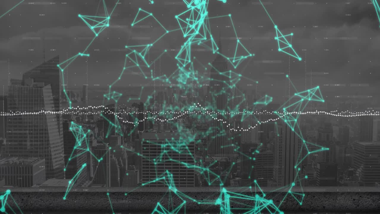 구름이 가득한 하늘에 대한 현대 도시 위에 기하학적 모양을 형성하는 연결된 점 위의 그래프의 애니메이션