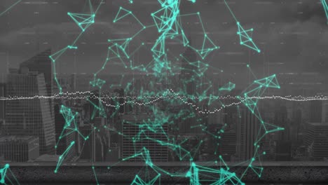 Animation of graphs over connected dots forming geometric shapes over modern city against cloudy sky
