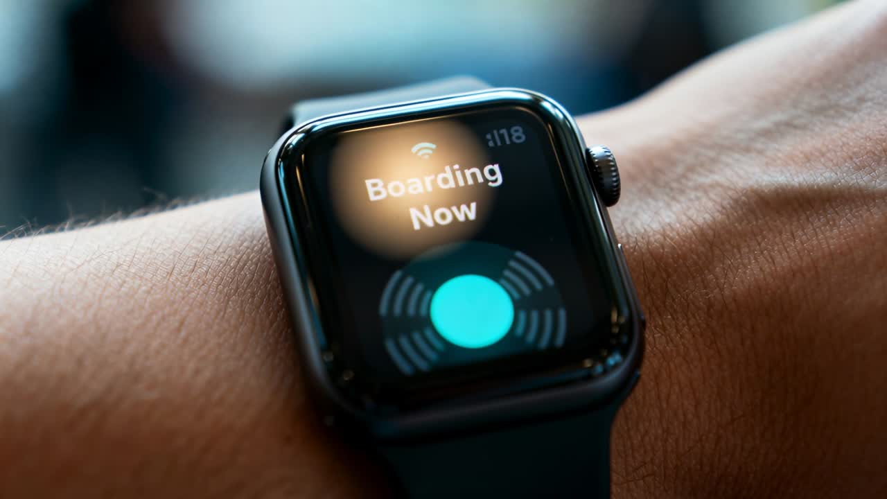 Receiving boarding alert, smartwatch on wrist displaying Boarding Now at airport gate, teal band