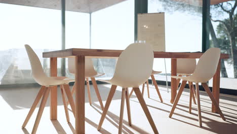 Empty-office,-interior-and-table-with-chairs