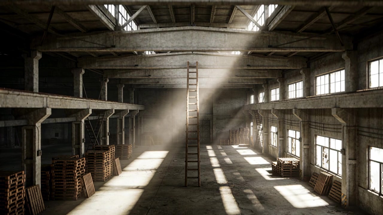 Scala alta di legno illuminata da un raggio di sole proveniente da un lucernario, che solleva la polvere e crea ombre in movimento in un magazzino