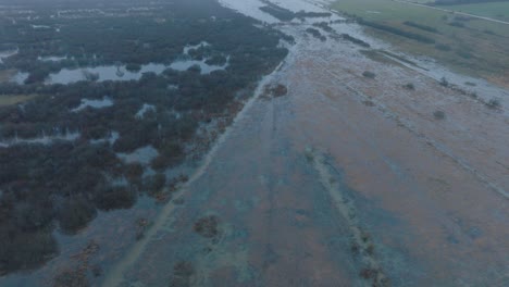 aerial establishing view of high water, durbe river flood, brown and muddy water, agricultural fields under the water, overcast winter day with light snow, birdseye drone shot moving forward