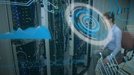 animación del escaneo del alcance y el procesamiento de datos sobre el hombre que usa auriculares vr