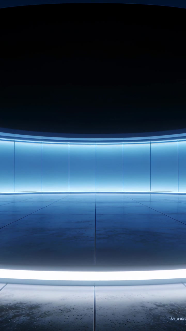 Video verticale: Luci che illuminano un set circolare mentre un segnale avvia la visualizzazione di una parete LED ad anello che mostra la giunzione del pavimento.