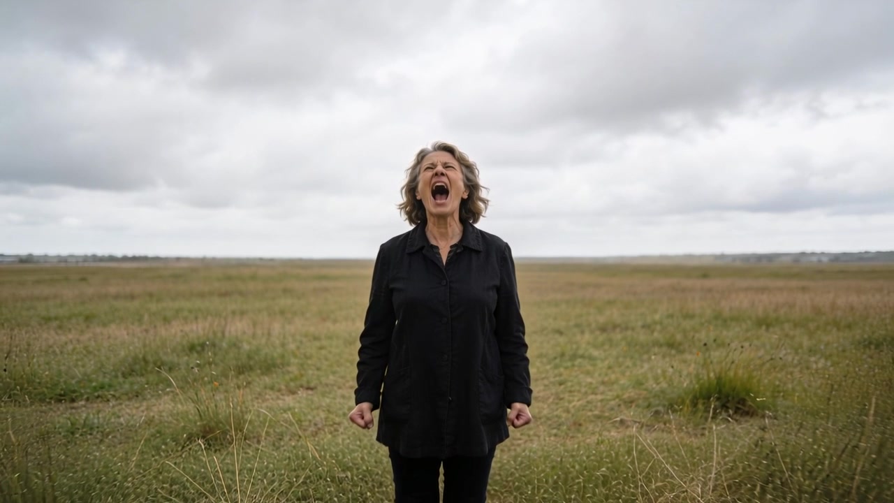 Looking upward and shouting, senior woman in black clenching fists in tall grass under overcast sky