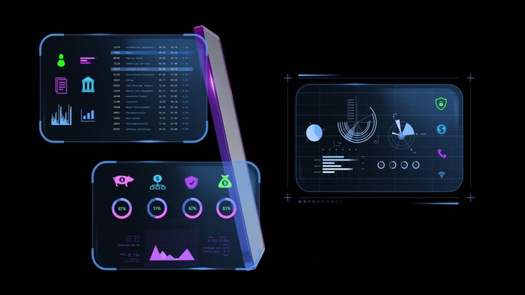 Animation of smartphone and screens with banking data over black background
