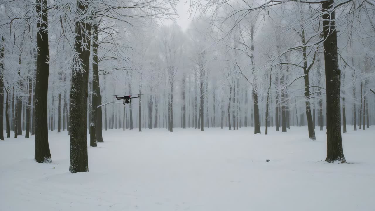 Nærbilde av sirkel i snølyngen, rød-svart drone som lander og eksponerer utstyr og gimbal