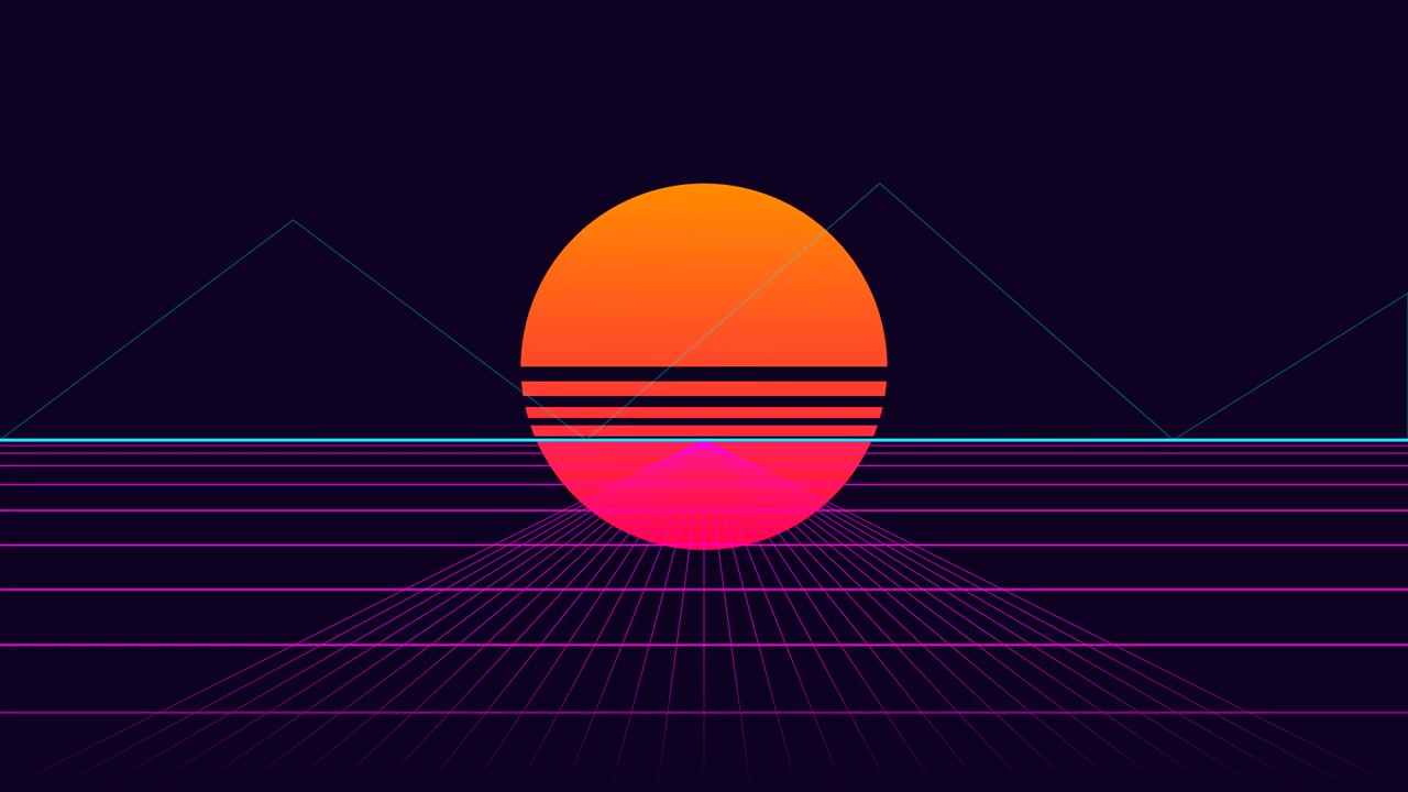 Tramonto in stile retro synthwave su un paesaggio a griglia digitale