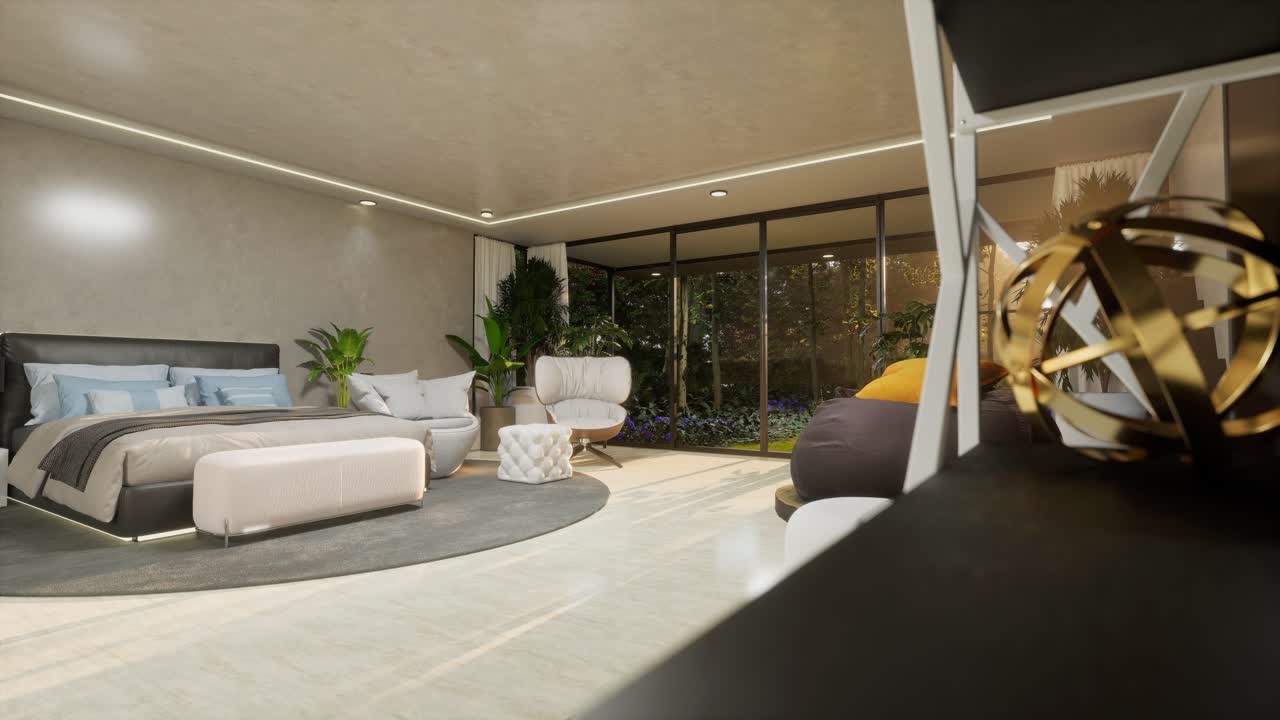 Dormitorio moderno minimalista con vistas al jardín al atardecer