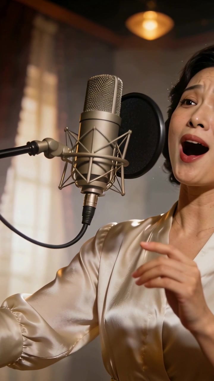 Video verticale: Donna che canta con un top di seta che registra su indicazione in studio con microfono da studio, spazio per il testo